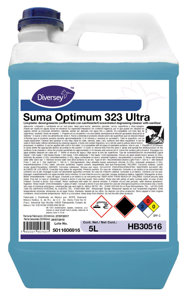 SUMA OPTIMUM 323 ULT. 4x5L - Limpiador desengrasante concentrado con sanitizante a base de cuaternario de amonio.
